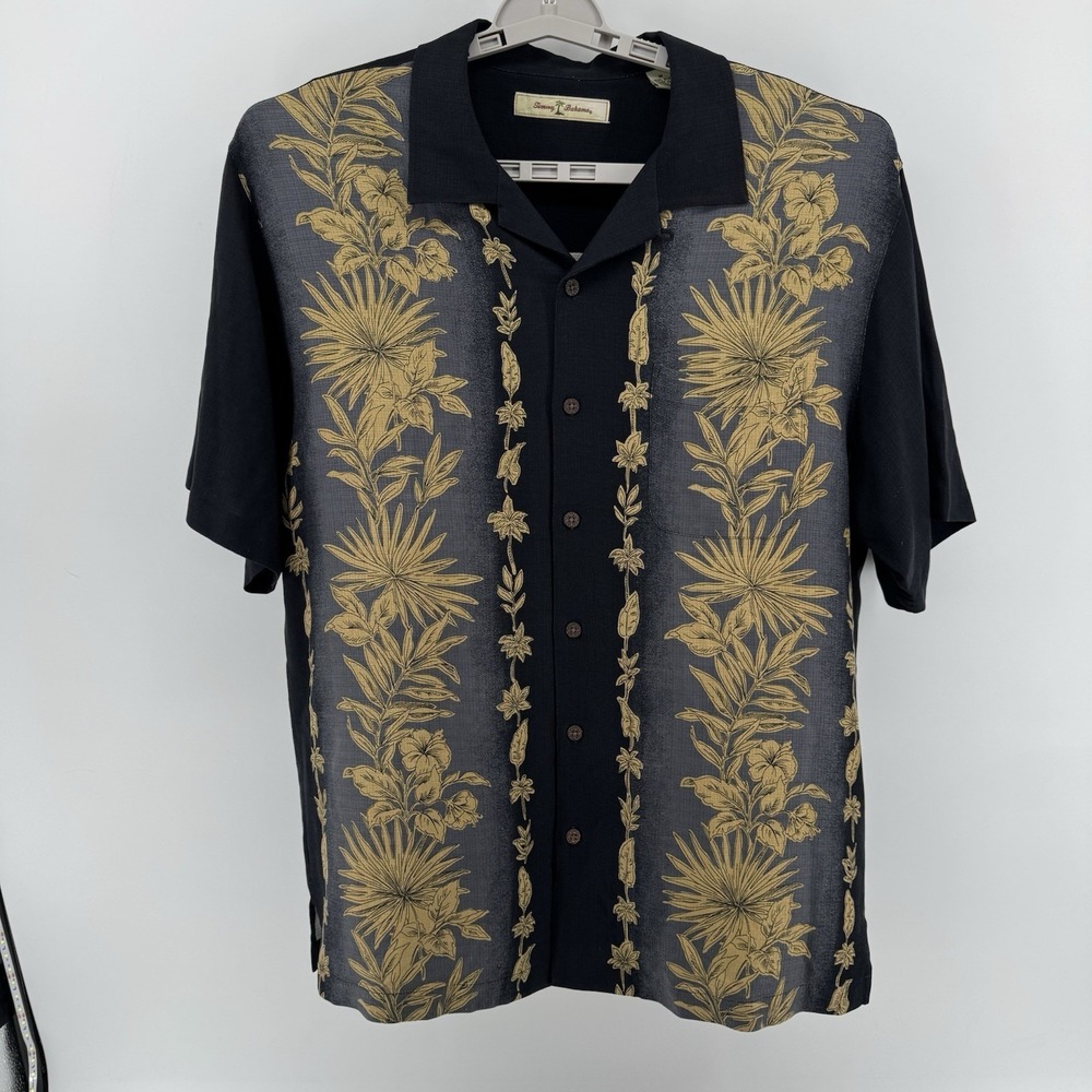 Tommy Bahama Silk Shirt Mens M Hawaiian Black & Gold Floral